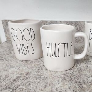 Rae Dunn White Ceramic Mugs Set  "Hustle" and "Good Vibes"